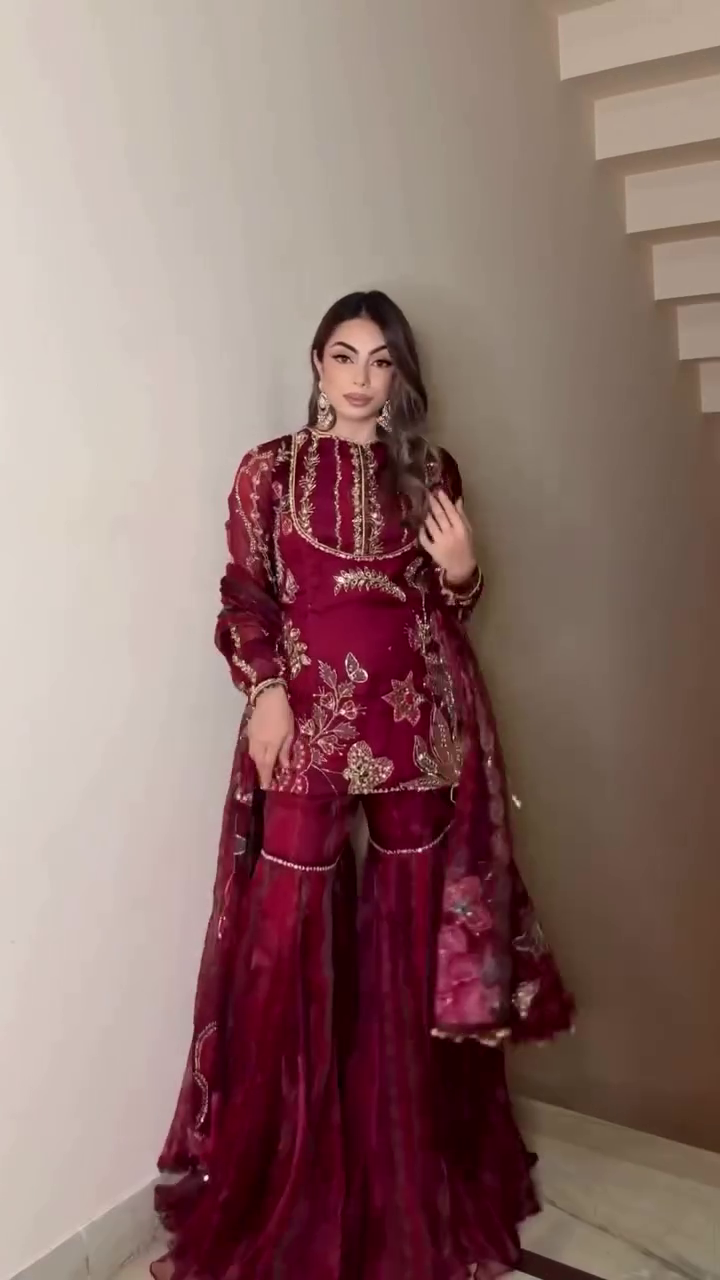 Red Organza Sequins & Mirror Boat Neck Sindoori Embroidered Kurta Sharara Set – Regal Festive Elegance