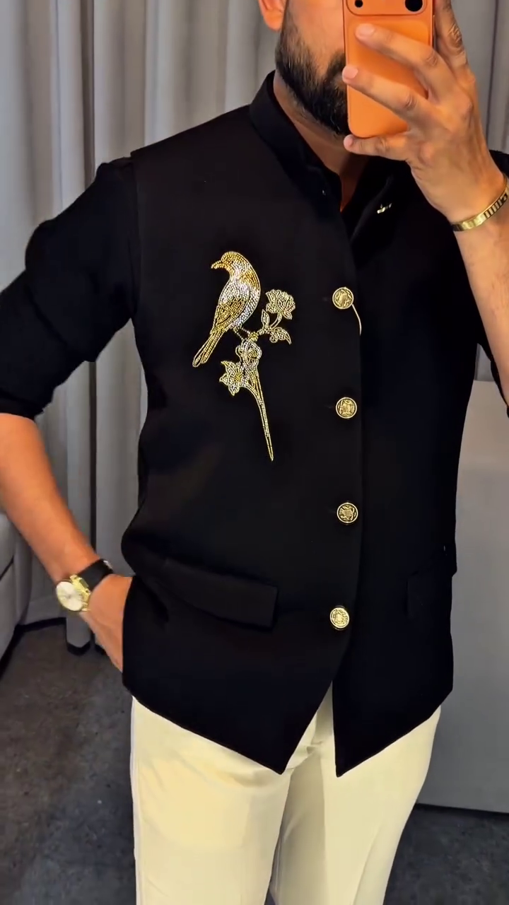 Men's Black Wool Blend Regular Fit Full Sleeves Formal Embroidered Blazer - Image 7