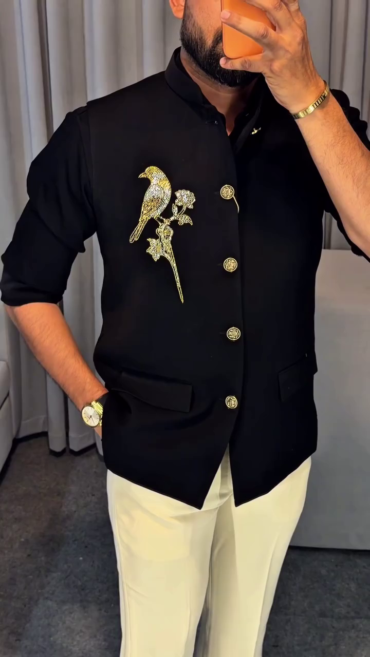 Men's Black Wool Blend Regular Fit Full Sleeves Formal Embroidered Blazer - Image 5